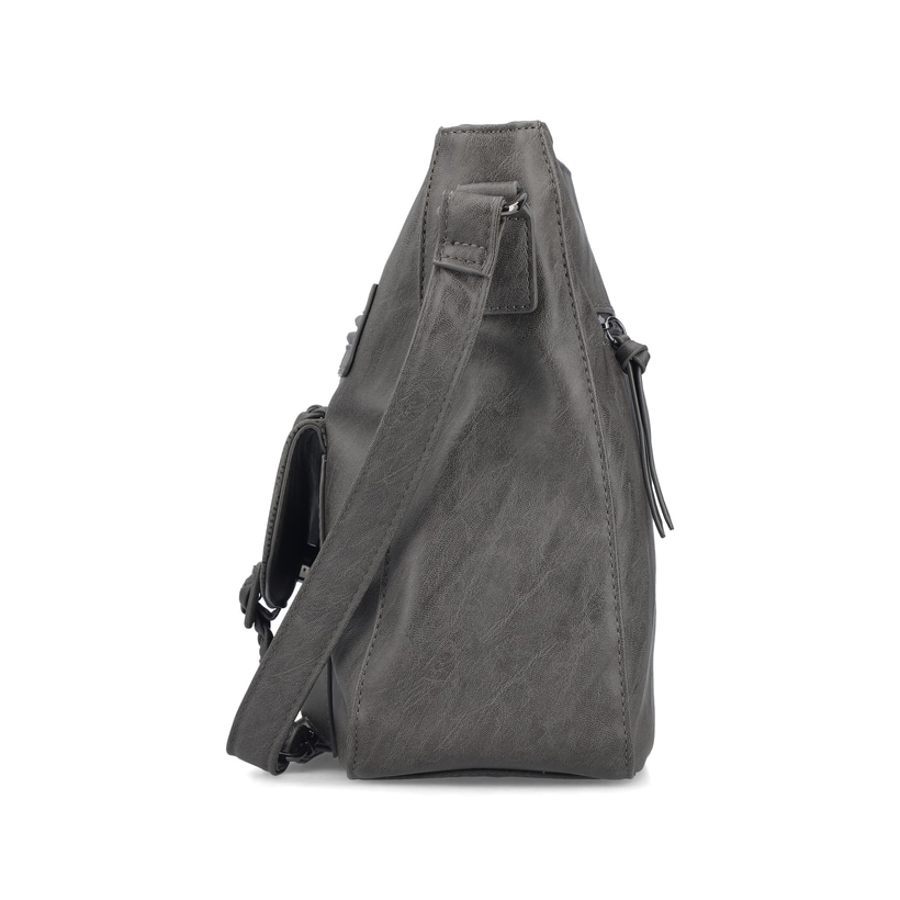 Sac Ã  main Rieker H1340-42 en gris avec sangle décorative tressée, fermeture éclair et poche pour téléphone portable. Porté.