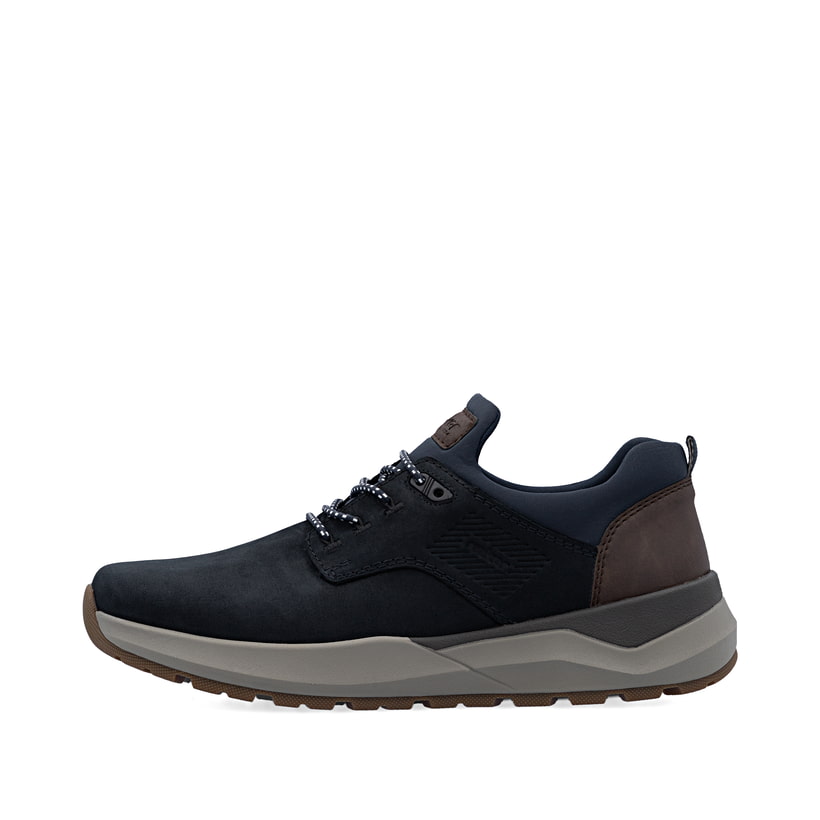 Mocassins Rieker bleus homme 06050-14 en cuir suédé avec bande élastique. Côté extérieur de la chaussure.