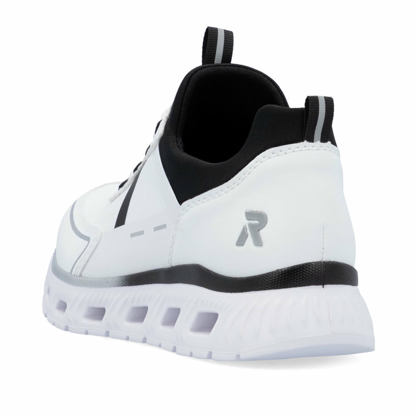 Weiße vegane Rieker Damen Sneaker Low M6062-80 mit einem Gummizug. Schuh von hinten.