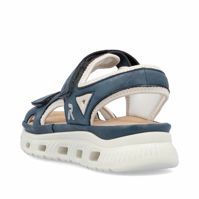 Blaue Rieker Damen Trekkingsandalen 64066-14 mit einem Klettverschluss. Schuh von hinten.