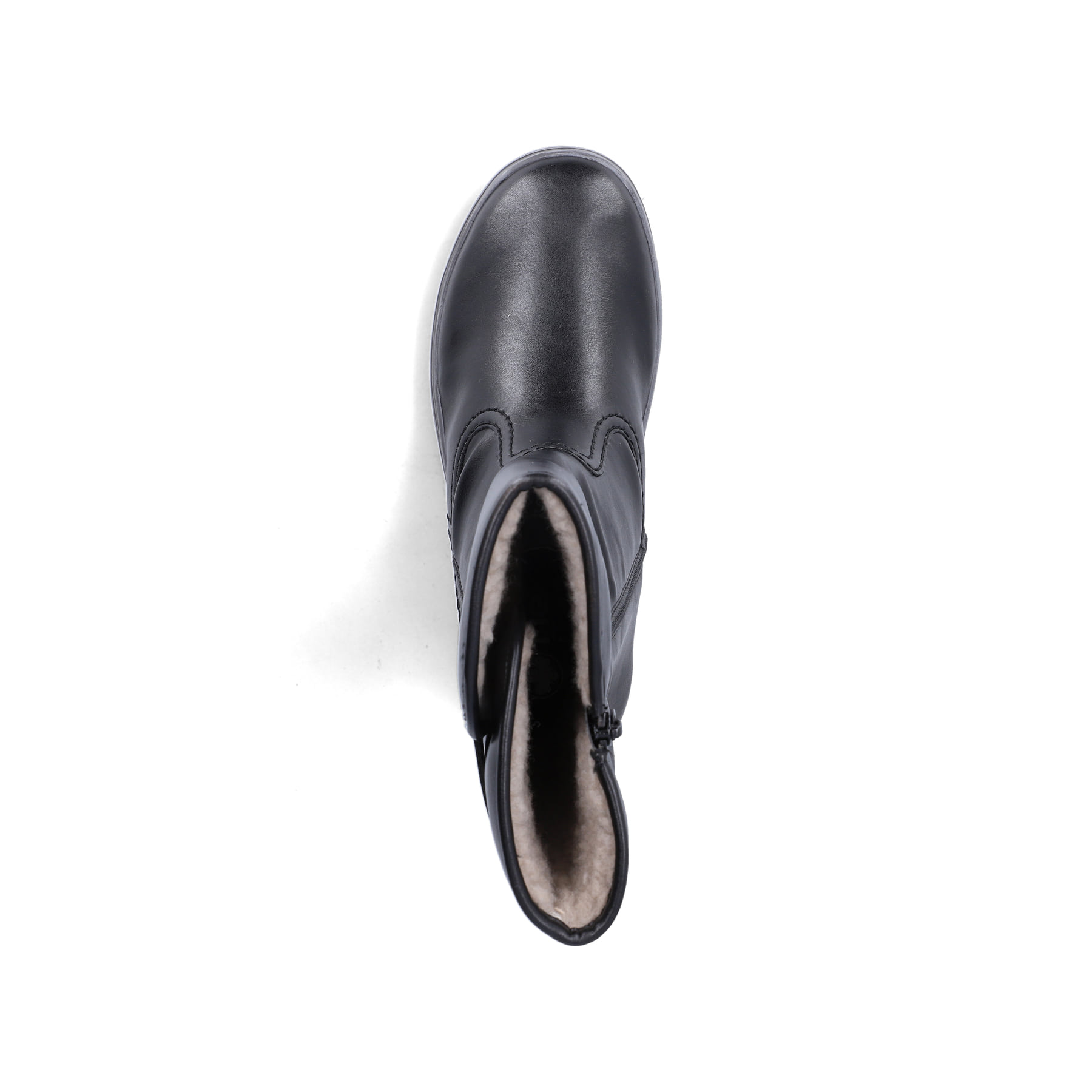 Schwarze Rieker Damen Kurzstiefel L2580-00 mit einem Reißverschluss. Schuh von oben.