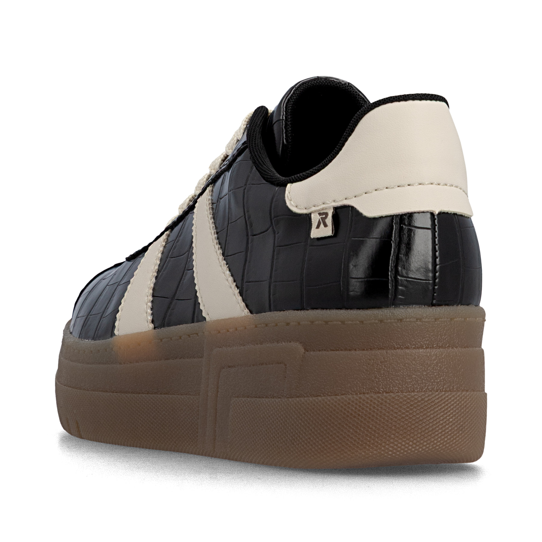Vegane, schwarze Rieker Damen Sneaker Low M7601-00 mit einer Schnürung. Schuh von hinten.