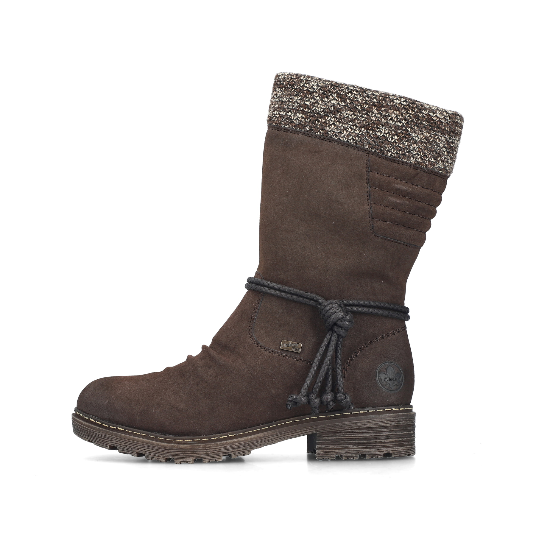 Dunkelbraune Rieker Damen Hochschaftstiefel Z4755-25 mit Strick-Kragen. Schuh Außenseite.