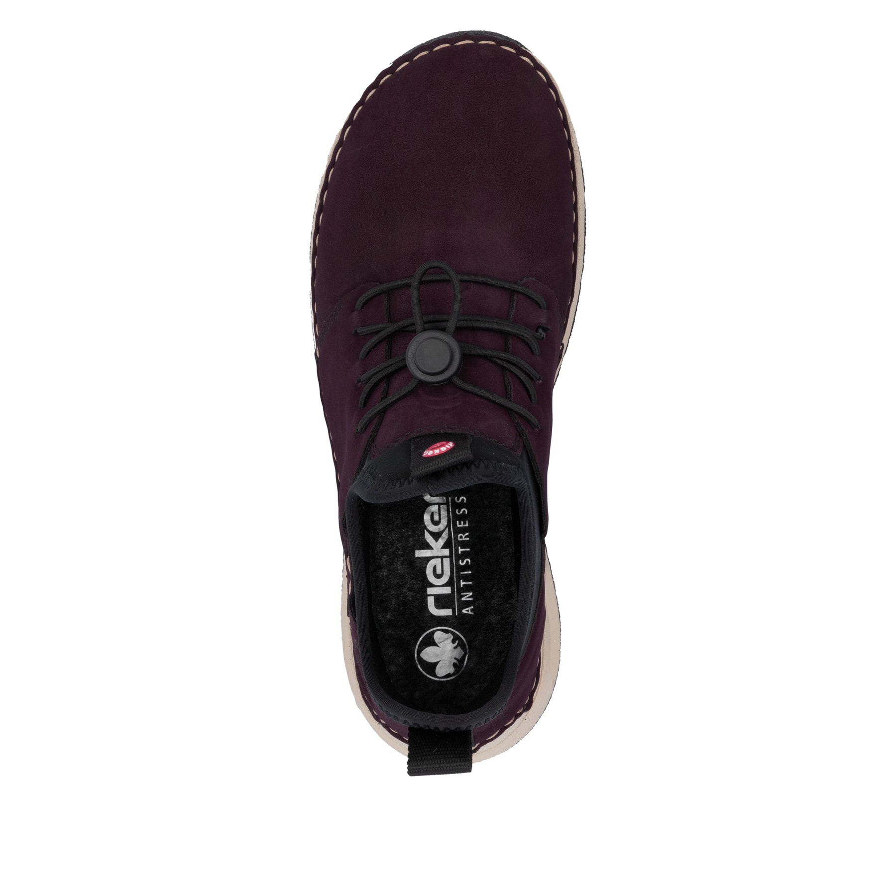 Rotschwarze Rieker Damen Slipper 44560-30 mit Rieker Air Sohlenfenster. Schuh von oben.