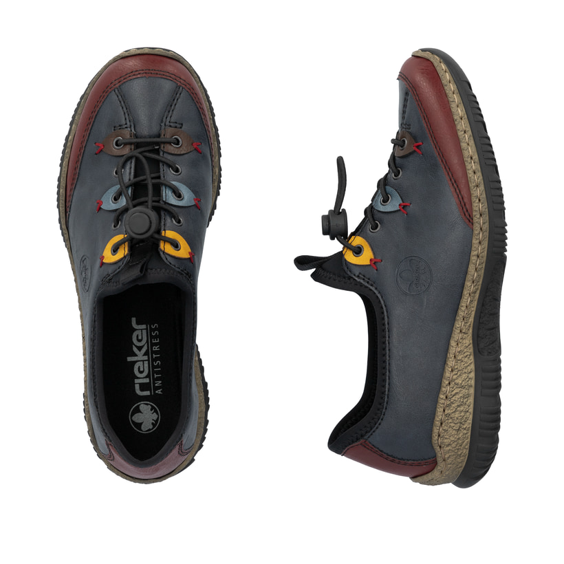 Blaue Rieker Damen Slipper N3271-35 mit Ösen-Verzierung sowie einem Gummizug. Schuh von oben, liegend.