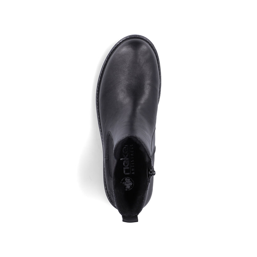 Schwarze Rieker Damen Chelsea Boots 73250-01 mit einem Reißverschluss. Schuh von oben.