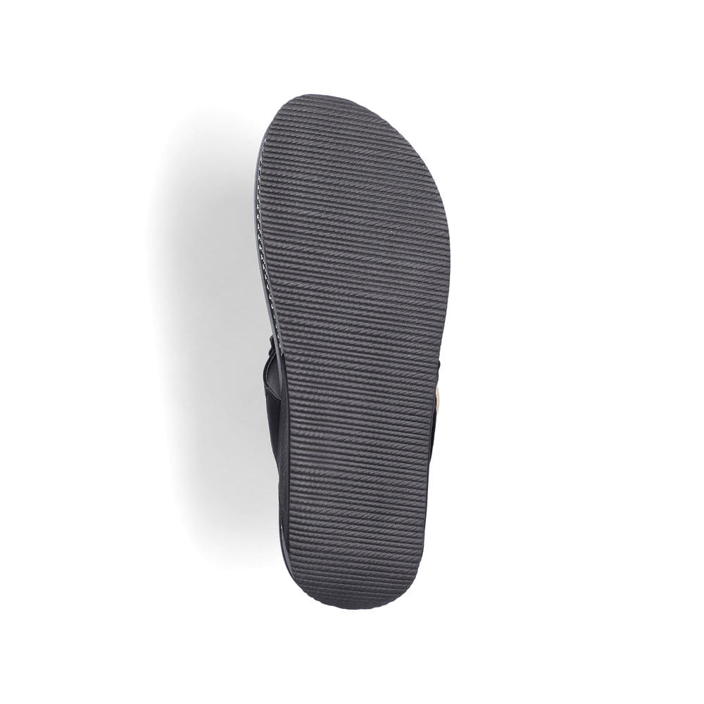Schwarze vegane Rieker Damen Zehentrenner V1466-00 mit dekorativer Blume. Schuh Laufsohle.