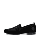 Schwarze Rieker Damen Slipper 51989-00 mit Strasssteinen sowie einem Gummizug. Schuh Außenseite.