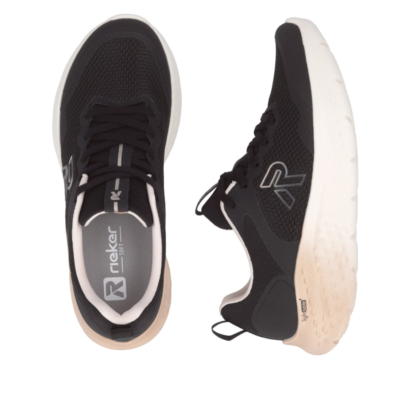 Schwarze Rieker Sport Damen Sneaker Low W4400-01. Schuh von oben, liegend.