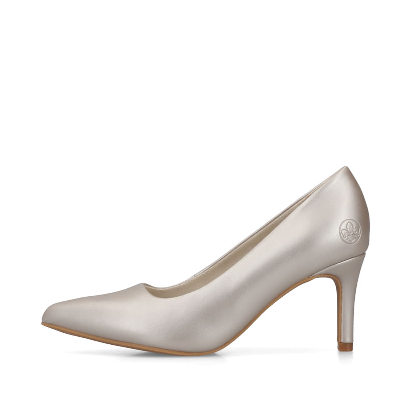 Champagnerfarbene Rieker Pumps 41160-90 mit einer griffigen Sohle. Schuh Außenseite.