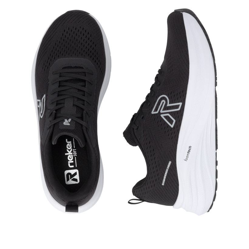 Baskets basses Rieker noires pour homme U4101-00 avec lacets. Chaussure vue de dessus, couchée.