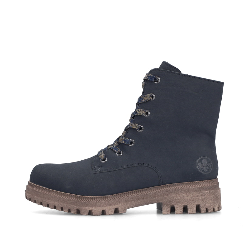 Dunkelblaue Rieker Damen Biker Boots Y7622-14 mit einem Reißverschluss. Schuh Außenseite.
