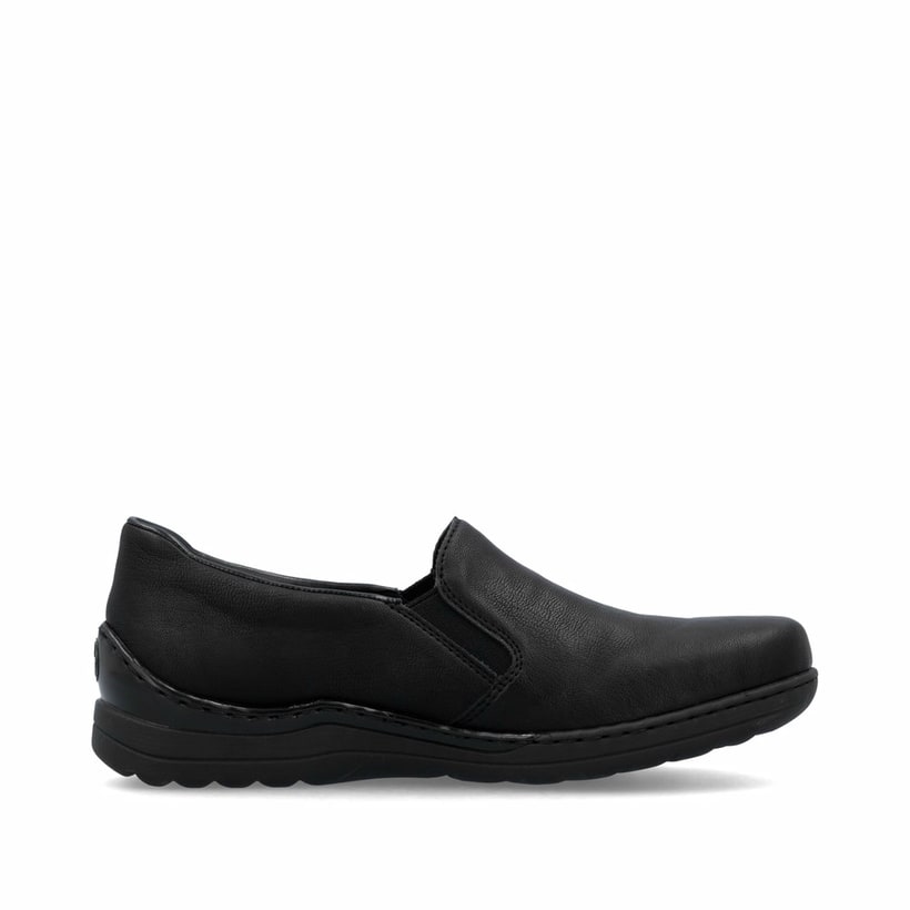 Mocassins Rieker noirs pour femme 48964-00 avec bande élastique. Côté intérieur de la chaussure.