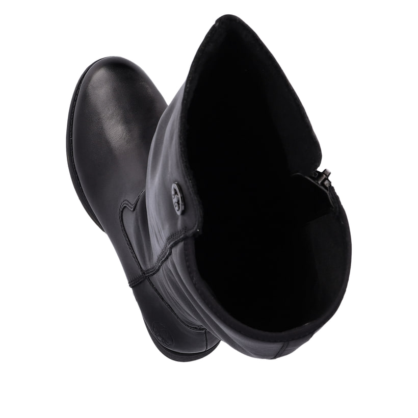 Schwarze Rieker Damen Hochschaftstiefel Z9591-01 aus Glattleder. Schuh von oben, liegend.