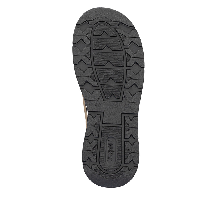 Braun-schwarze Rieker Damen Slipper 44551-24 mit Rieker Air Sohlenfenster. Schuh Laufsohle.