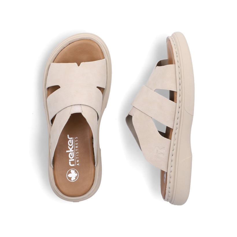 Beige Rieker Damen Pantoletten V3089-62 mit Gummizug sowie ultraleichter Sohle. Schuh von oben, liegend.
