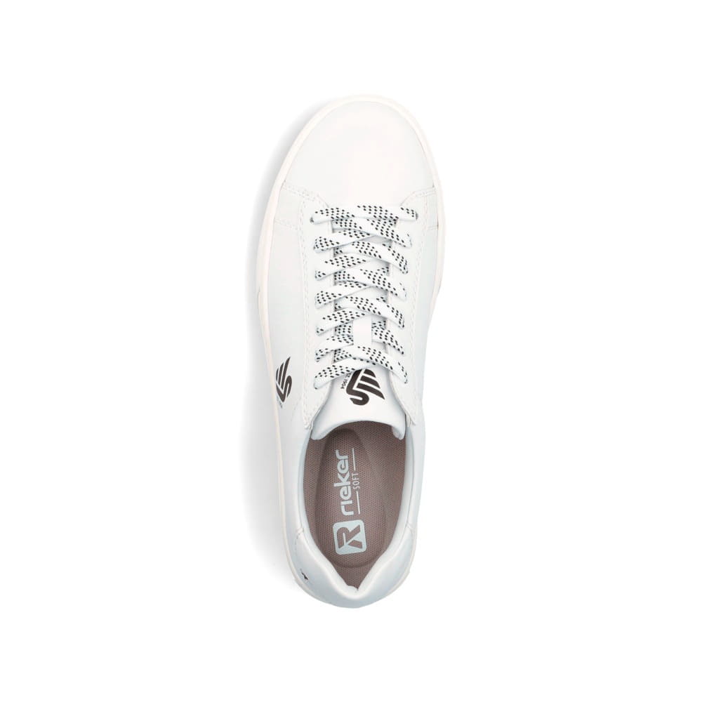 Weißer Rieker Herren Sneaker Low U0711-80 Schwenninger Wild Wings x Rieker Edition mit Eishockey-Schnürung und Wild Wings Logo. Schuh von oben.