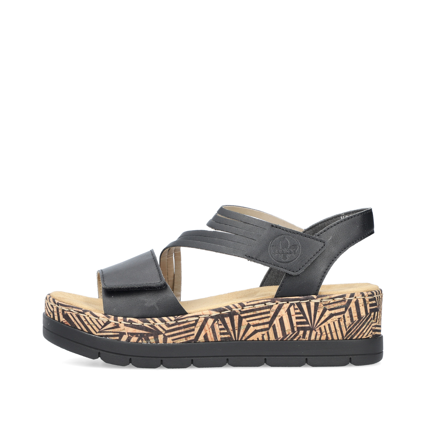 Schwarze Rieker Keilsandaletten V3964-02 mit einem Klettverschluss. Schuh Außenseite.