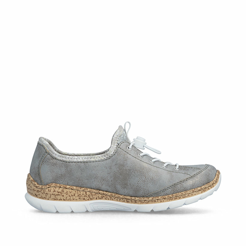 Graue Rieker Damen Slipper N4263-40 mit Deko-Reißverschluss sowie einem Gummizug. Schuh Innenseite.