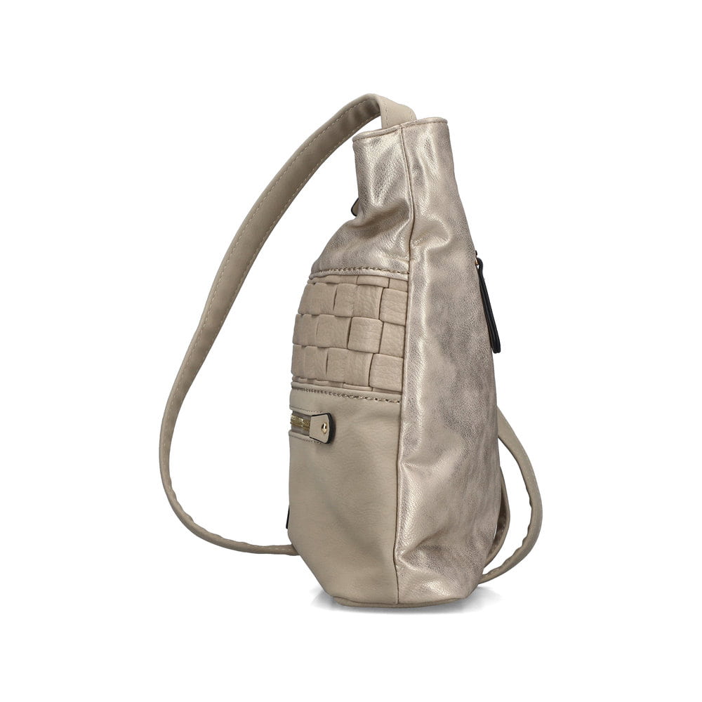 Sac à bandoulière Rieker H1301-62 beige avec motif tissé, détails dorés et fermeture éclair. Côté gauche.