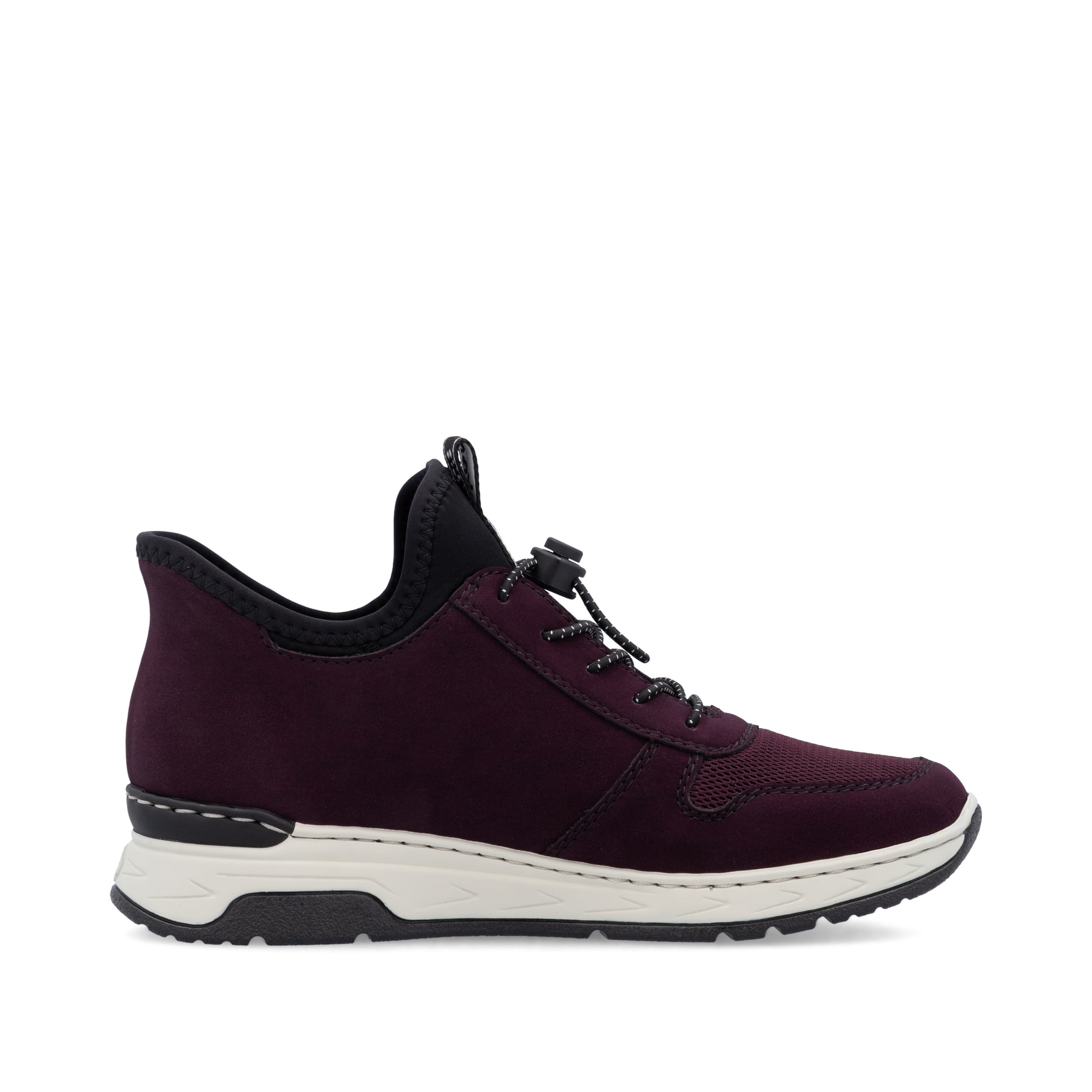 Dunkelrote Rieker Damen Slipper M0059-30 mit easy Hineinschlüpf-Möglichkeit. Schuh von hinten.