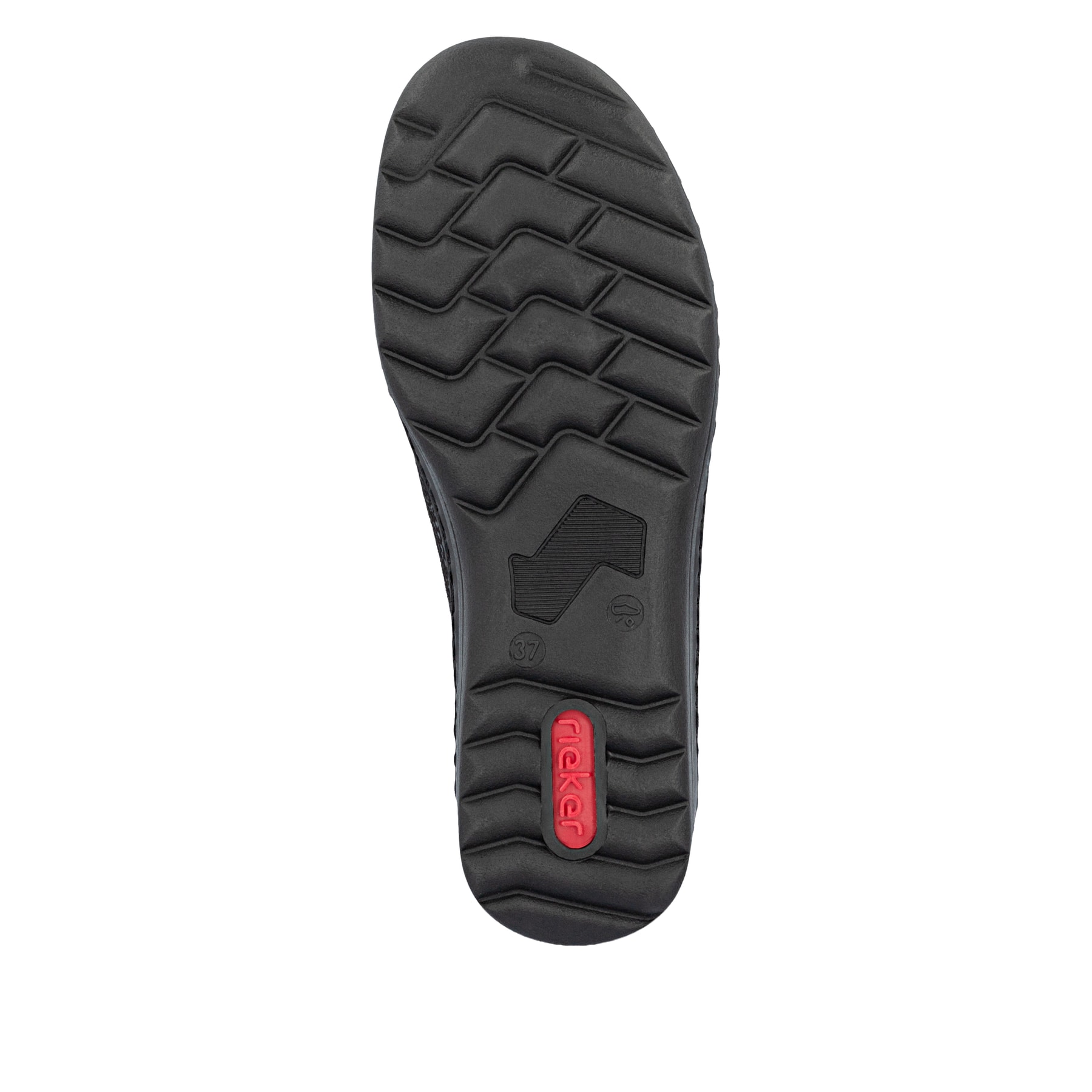 Mocassins Rieker noirs pour femmes 48968-00 avec bande élastique. Semelle extérieure de la chaussure.