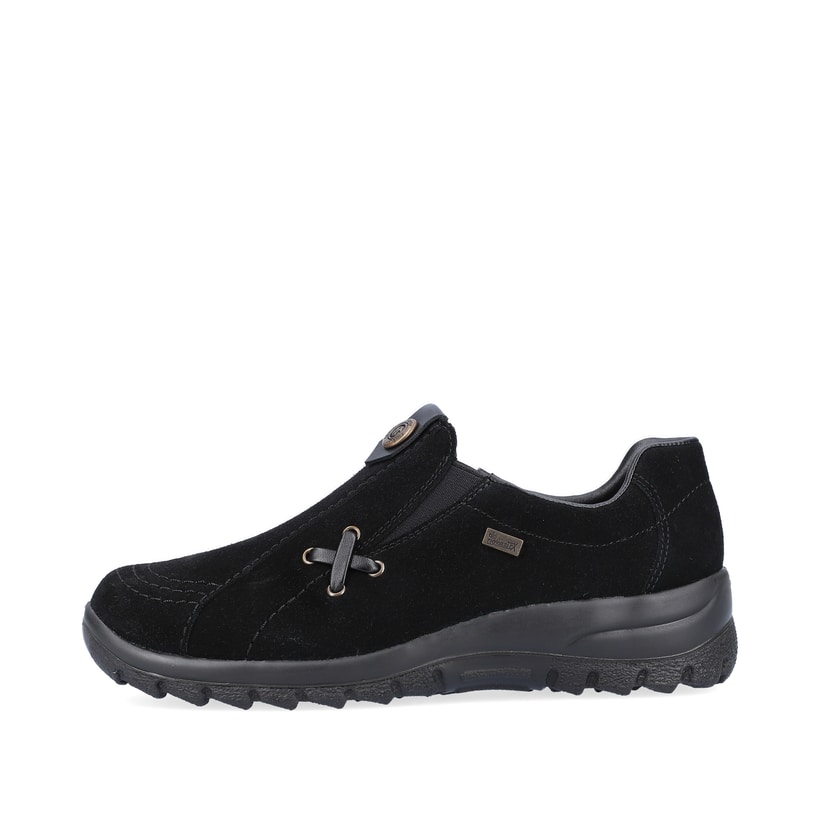 
Tiefschwarze Rieker Damen Slipper L7171-00 mit einer schockabsorbierenden Sohle. Schuh Außenseite