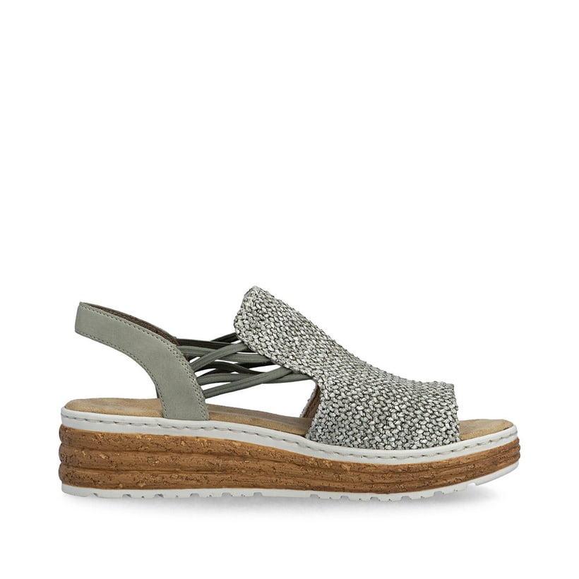 Khakifarbene Rieker Keilsandaletten 62741-52 mit Gummizug sowie der Extraweite H. Schuh Innenseite.
