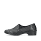 Schwarze Rieker Damen Slipper 48260-01 mit modernen Ziernähten sowie Gummizug. Schuh Außenseite.