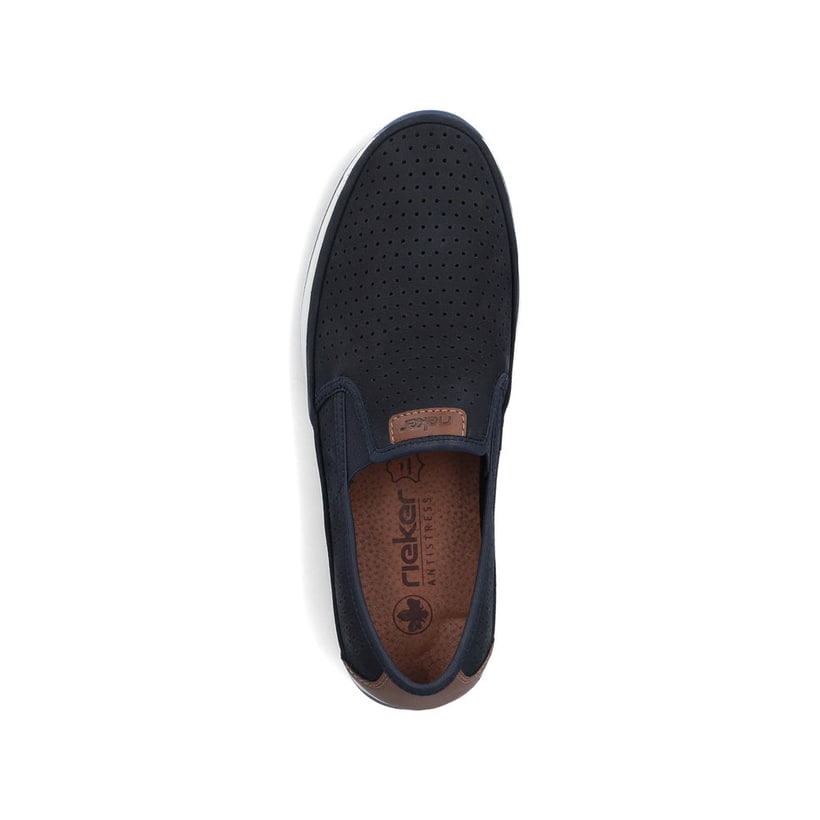 Blaue Rieker Herren Slipper 11955-14 aus Glattleder mit einem Gummizug. Schuh von oben.