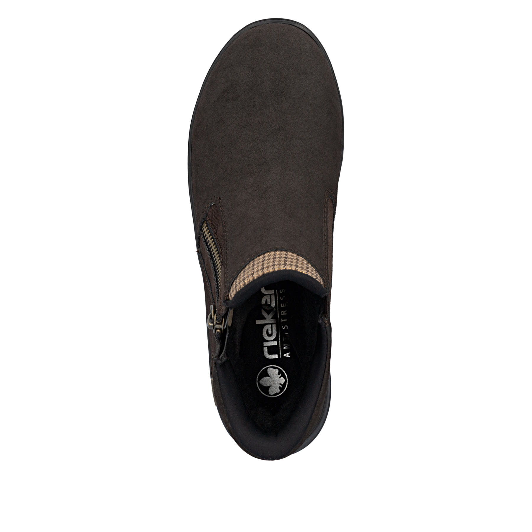 Dunkelbraune Rieker Damen Kurzstiefel Z0059-25 mit wasserabweisender TEX-Membran. Schuh von oben.
