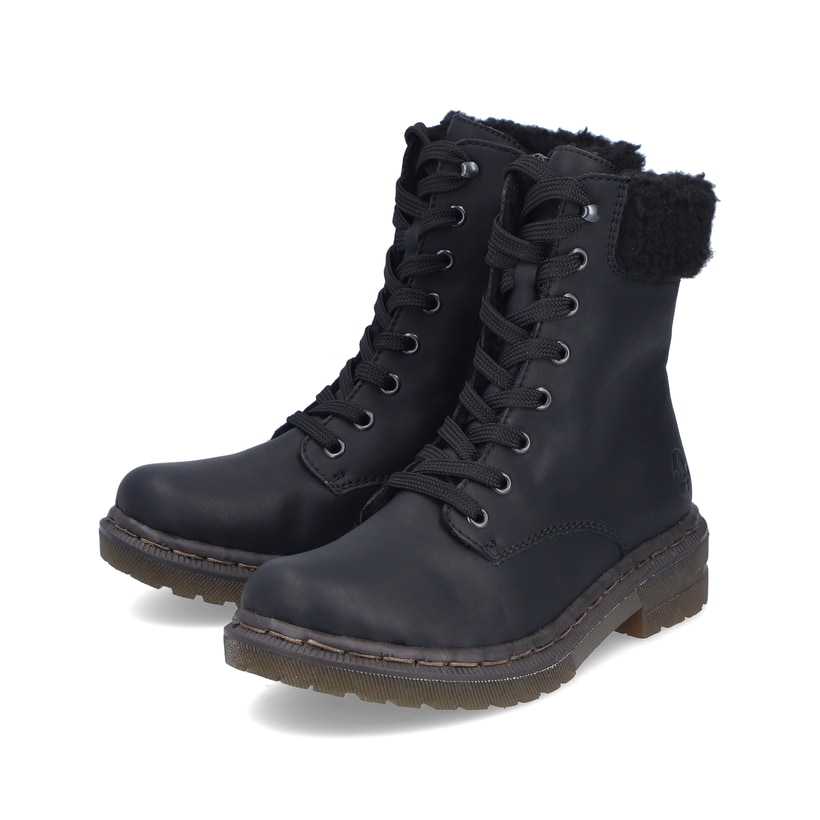 Schwarze Rieker Damen Schnürstiefel 78220-00 mit einem Reißverschluss. Schuhpaar seitlich schräg.