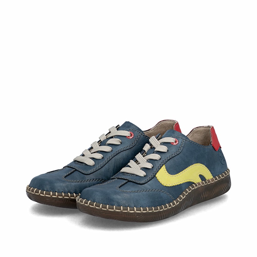 Mehrfarbige Rieker Damen Schnürschuhe N2400-14 mit handgestickten Nähten. Schuhpaar seitlich schräg.