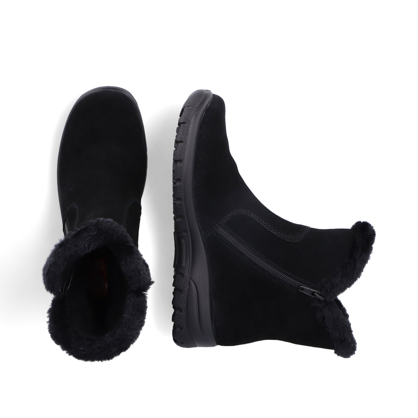 Schwarze Rieker Damen Kurzstiefel L7162-00 aus Rauleder. Schuh von oben, liegend.