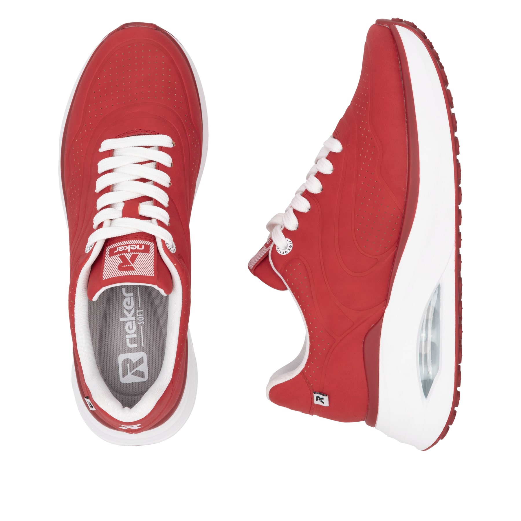Rote vegane Rieker Damen Sneaker Low W2700-33 mit einer Schnürung. Schuh von oben, liegend.