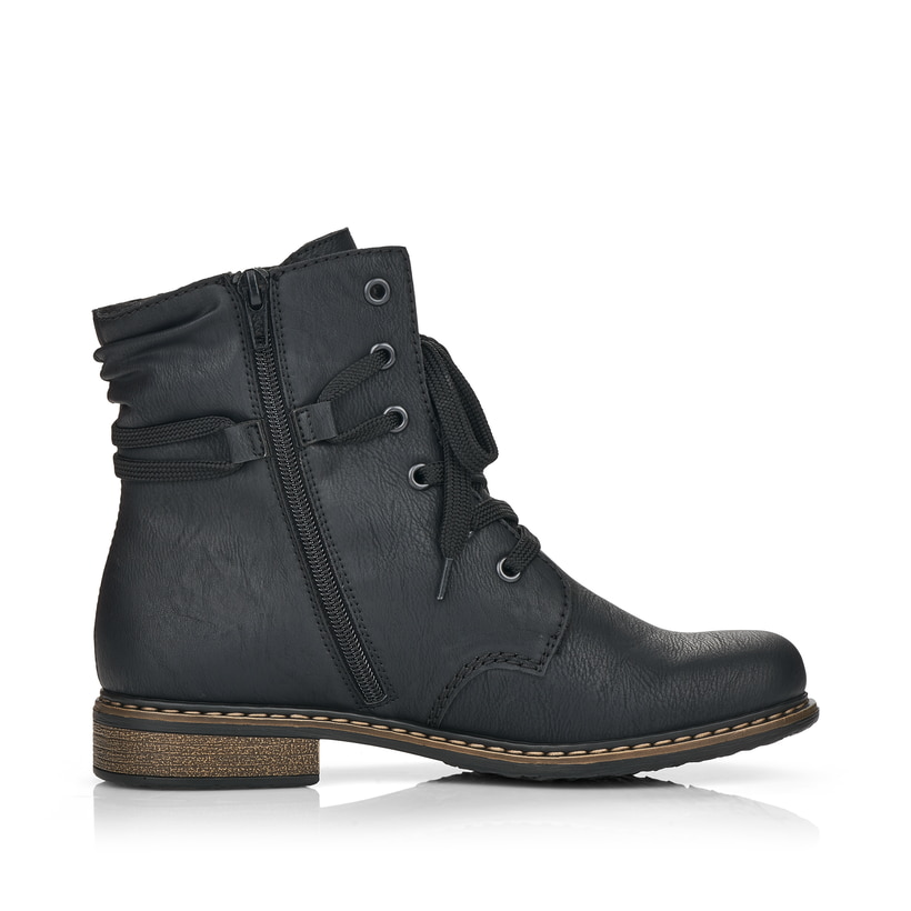 Schwarze Rieker Damen Schnürstiefel 71229-02 mit einem Reißverschluss. Schuh Innenseite.