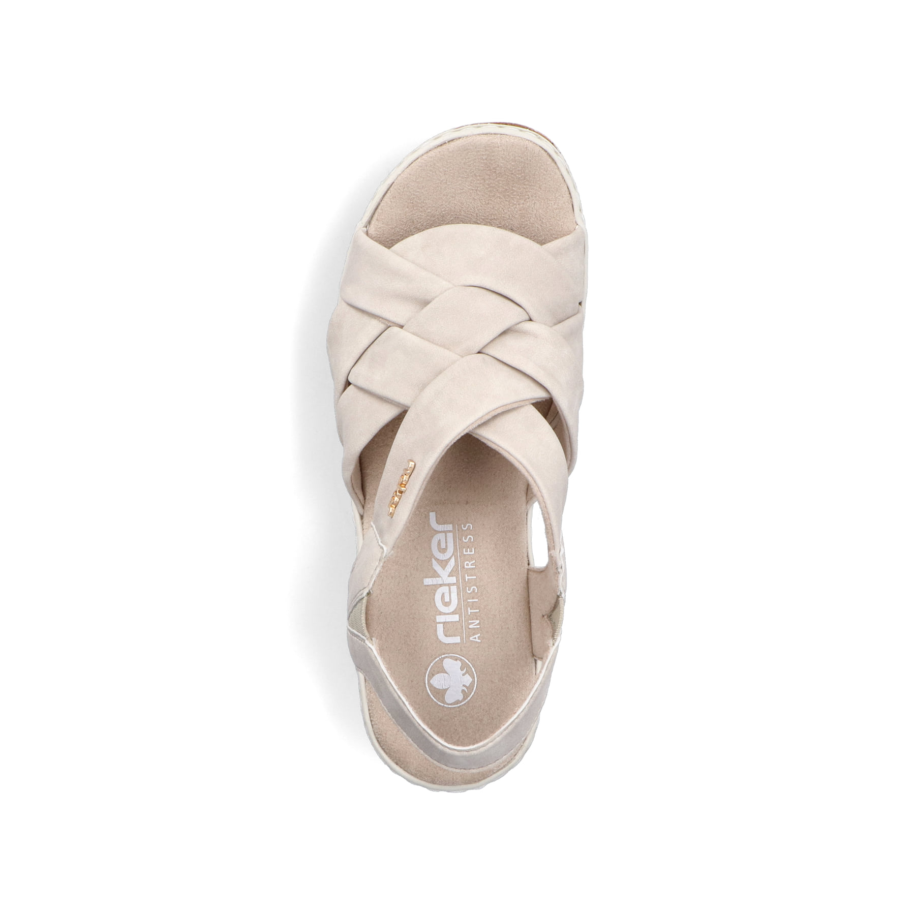 Beige Rieker Keilsandaletten 62908-60 mit Gummizug sowie schmaler Passform E 1/2. Schuh von oben.