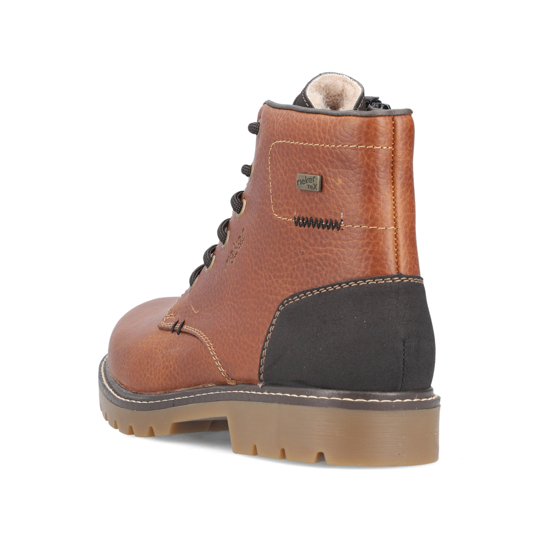Fuchsbraune Rieker Herren Schnürstiefel 39820-22 mit griffiger Fiber-Grip Sohle. Schuh von hinten.