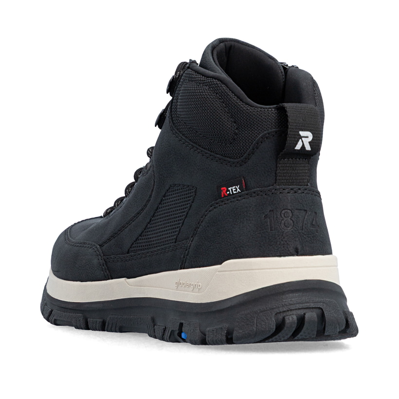 Schwarze Rieker Herren Schnürstiefel B9501-00 mit dem umdrehbaren Glacier Grip. Schuh von hinten.