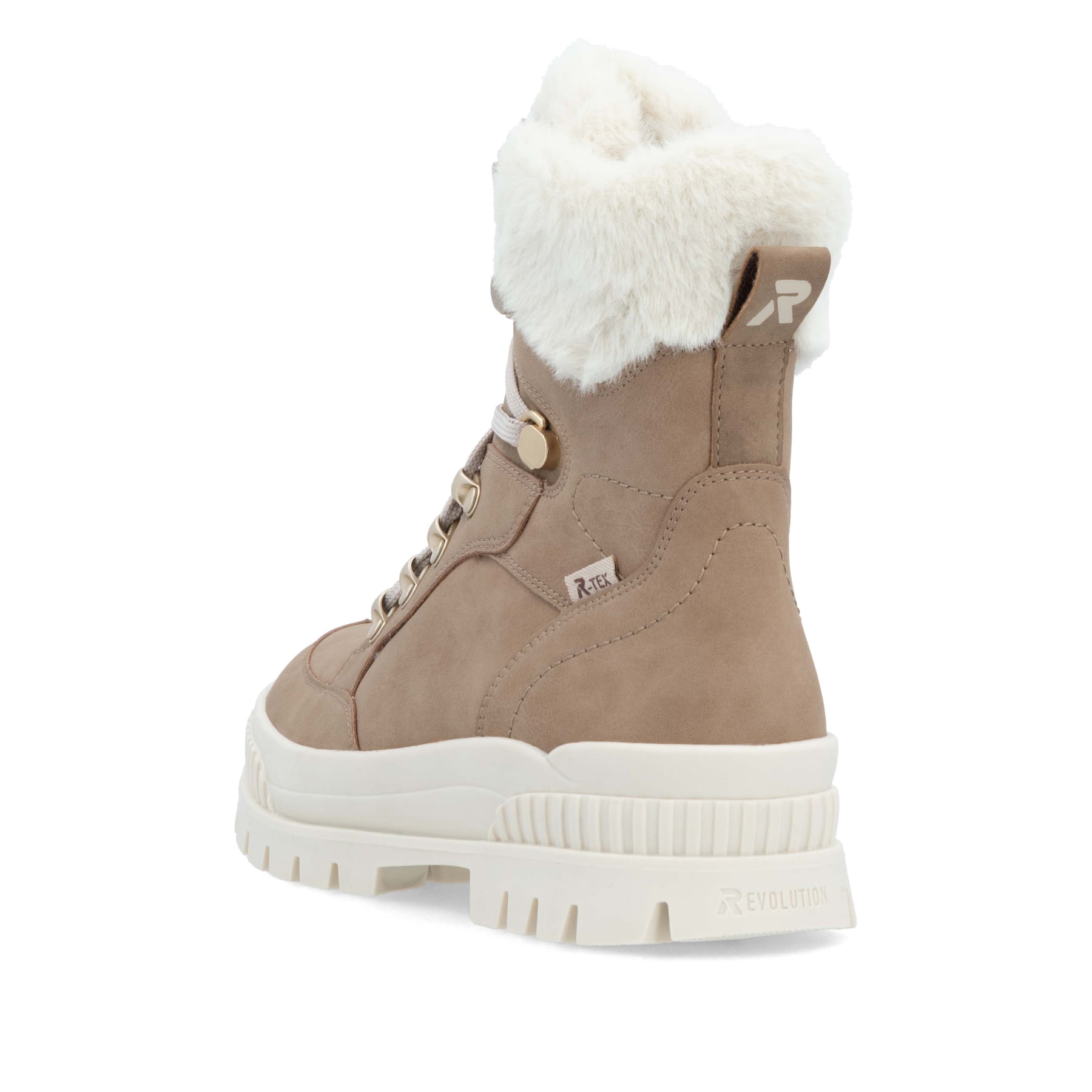 Beige-weiße Rieker Damen Schnürstiefel W2174-20 aus Rauleder. Schuh von hinten.