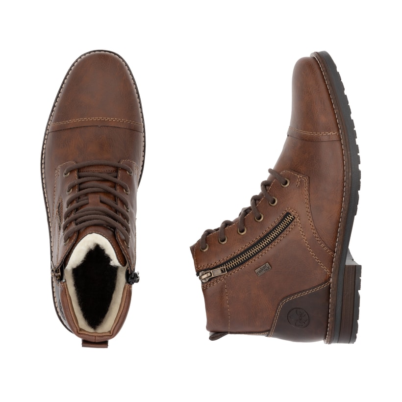 Dunkelbraune Rieker Herren Schnürstiefel 33200-27 mit einem Reißverschluss. Schuh von oben, liegend.