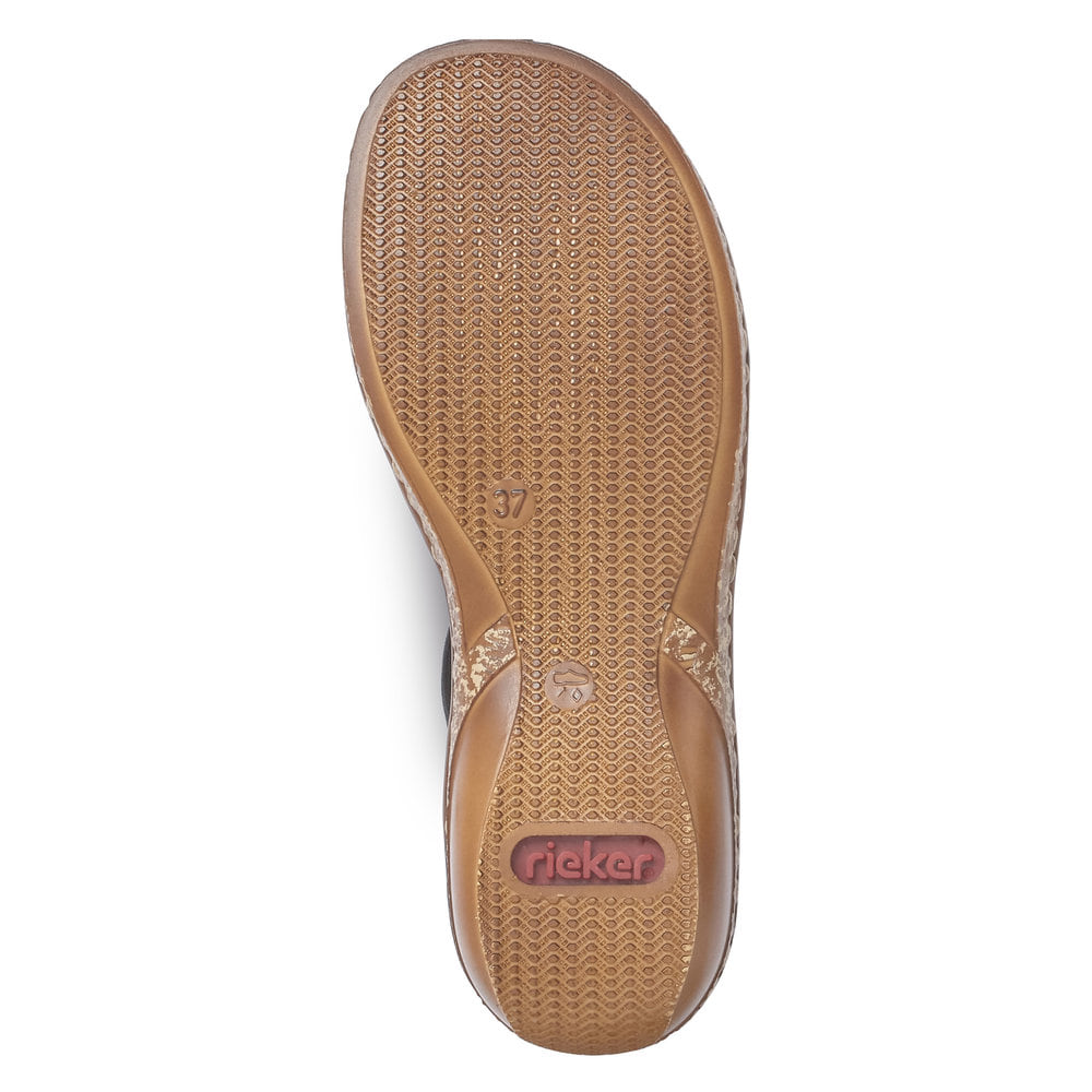 Schwarze Rieker Damen Riemchensandalen 62831-00 mit einem Elastikeinsatz. Schuh Laufsohle.