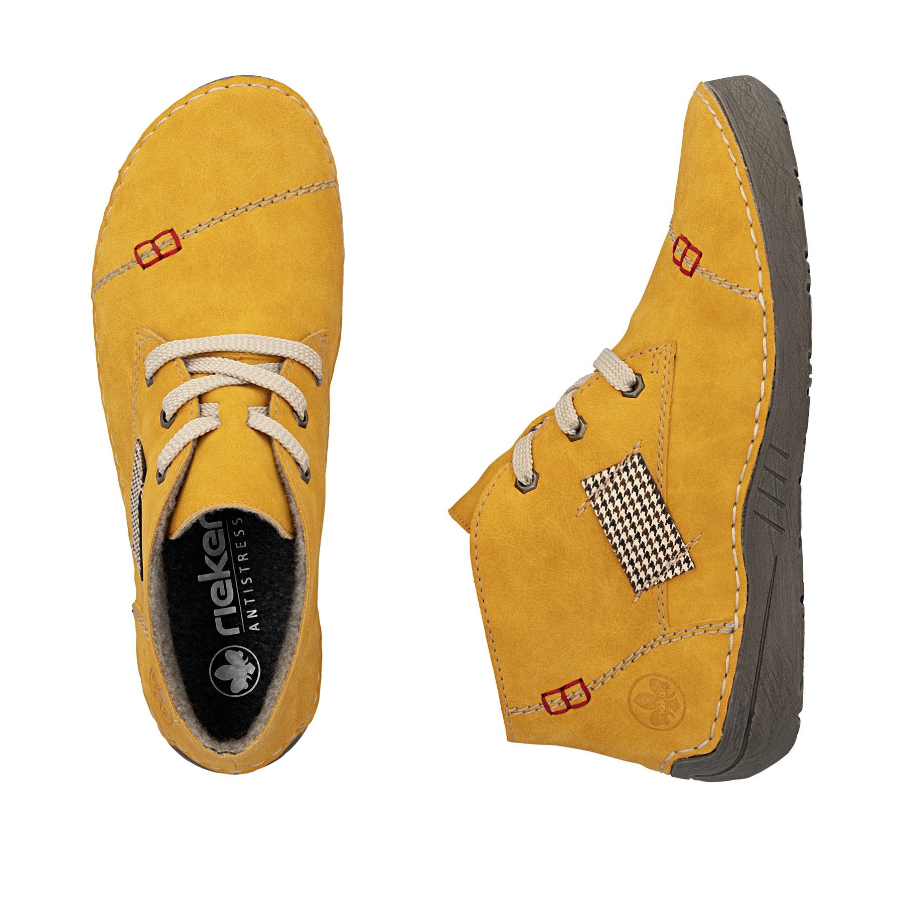 Dunkelgelbe Rieker Damen Schnürschuhe 52543-69 mit Karomuster. Schuh von oben, liegend.
