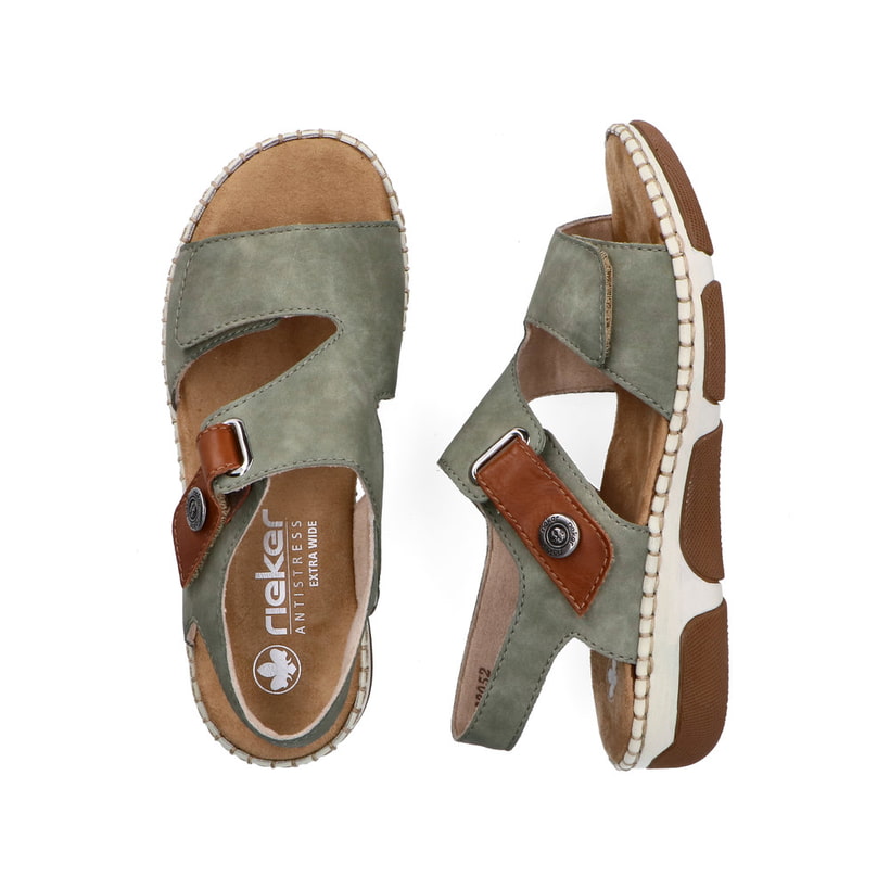 Khakifarbene Rieker Damen Riemchensandalen 66280-52 mit einem Klettverschluss. Schuh von oben, liegend.