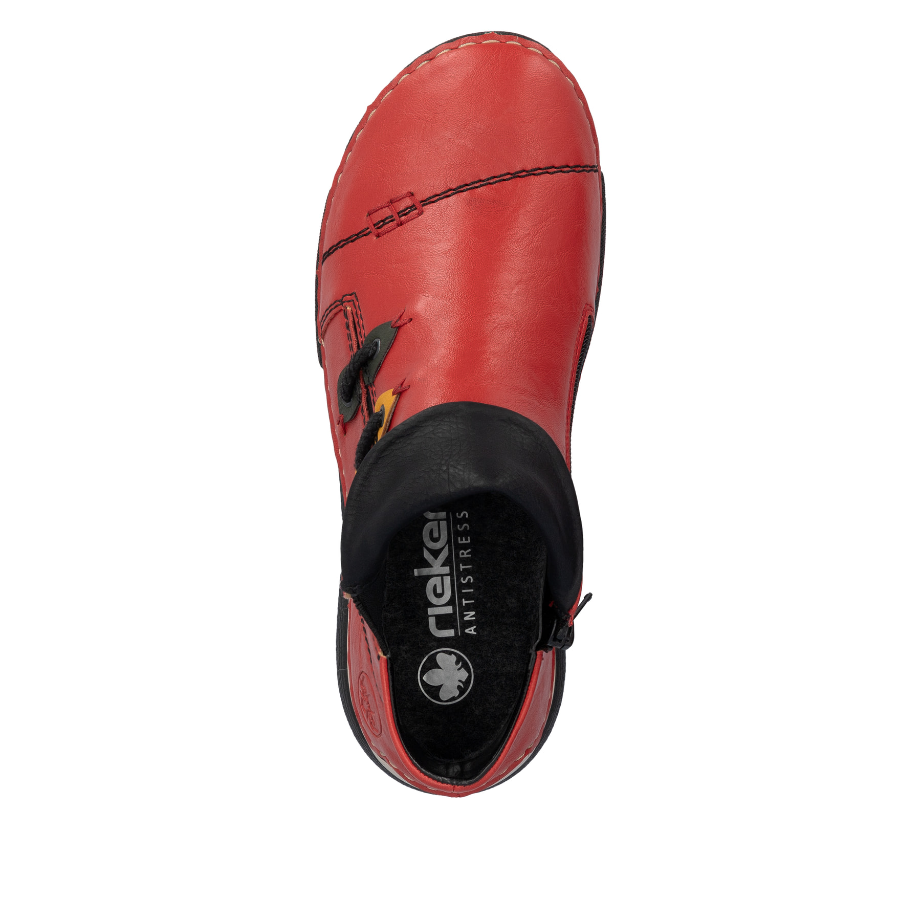Rot-schwarze Rieker Damen Kurzstiefel 45983-33 mit einem Reißverschluss. Schuh von oben.