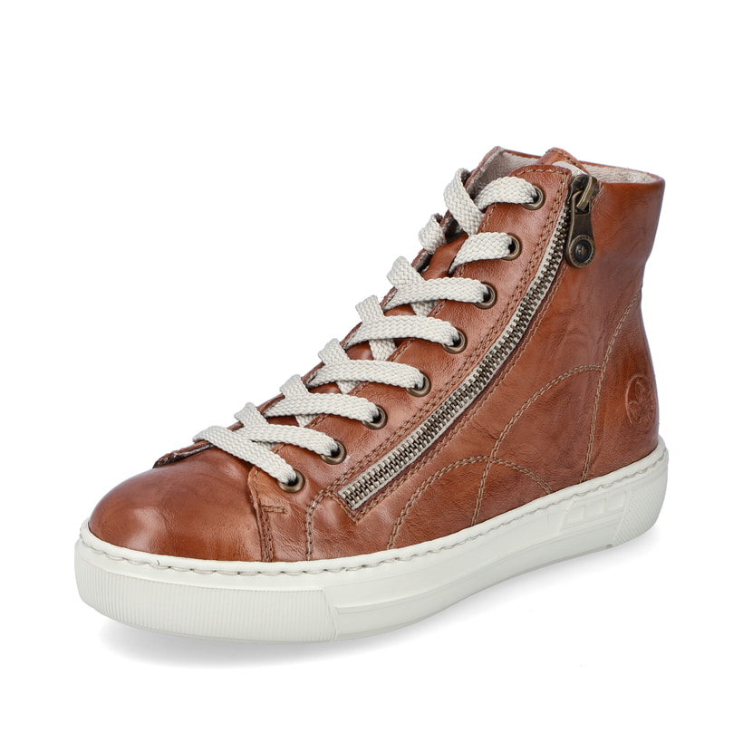 
Fuchsbraune Rieker Damen Schnürstiefel L9880-24 mit Schnürung und Reißverschluss. Schuh seitlich schräg