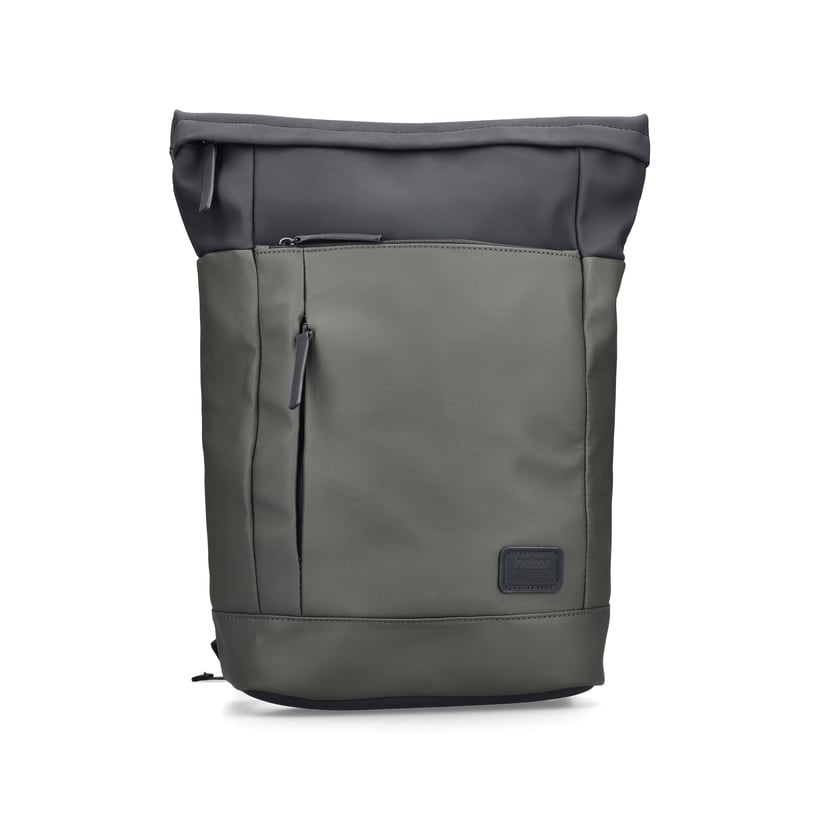 Sac à dos Rieker H5101-54 vert avec fermeture éclair, compartiment rembourré pour ordinateur portable et bretelles ajustable. Devant.