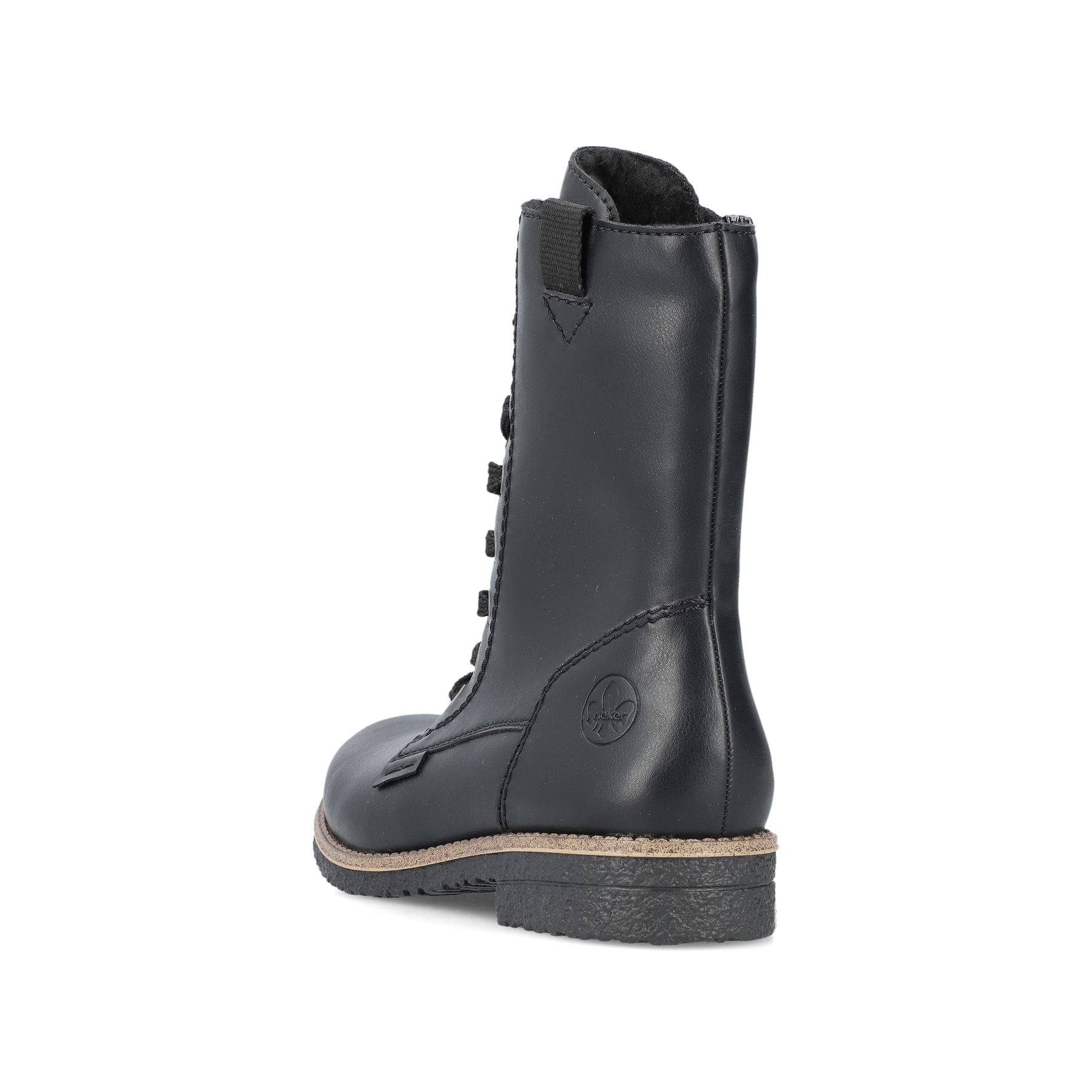 Tiefschwarze Rieker Damen Schnürstiefel 73542-00 mit Schnürung und Reißverschluss. Schuh von hinten