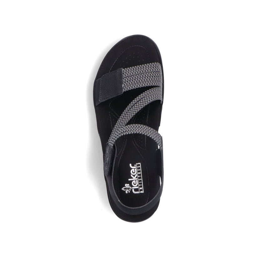 Schwarze vegane Rieker Damen Trekkingsandalen 64870-00 mit einem Klettverschluss. Schuh von oben.