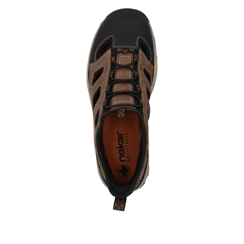 Braune Rieker Herren Slipper 08078-24 mit easy Hineinschlüpf-Möglichkeit. Schuh von oben.